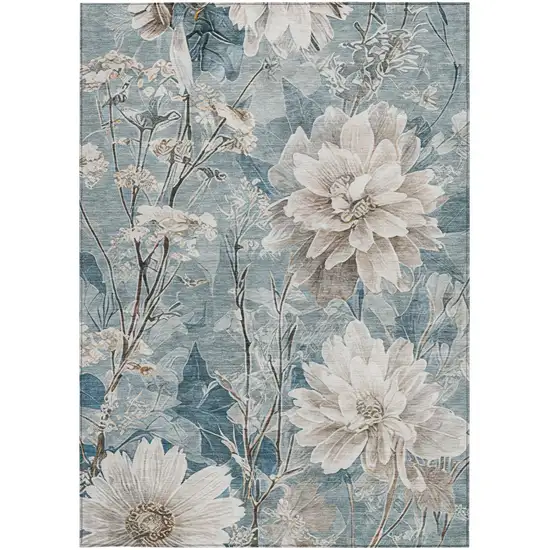 Teal Blue And Silver Floral Washable Indoor Outdoor Area Rug Photo 1