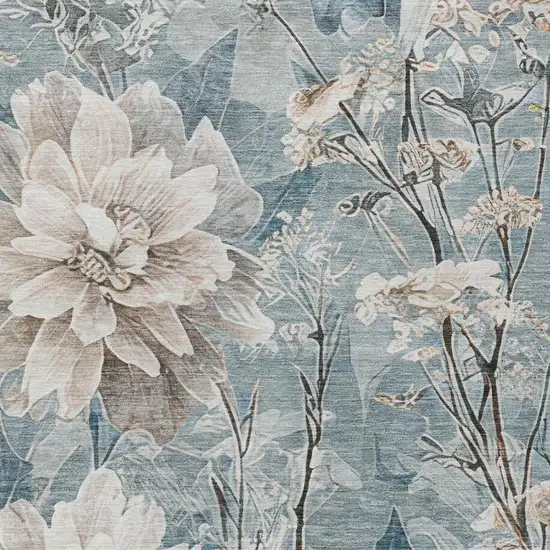 Teal Blue And Silver Floral Washable Indoor Outdoor Area Rug Photo 2