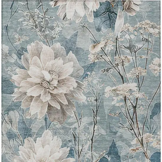 Teal Blue And Silver Floral Washable Indoor Outdoor Area Rug Photo 5