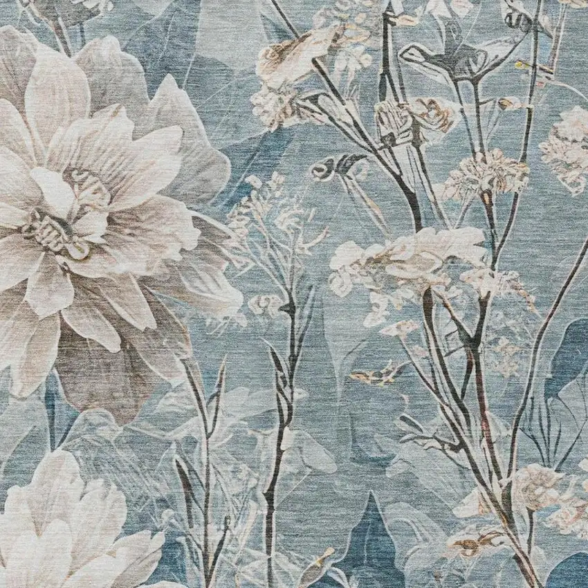 Teal Blue And Silver Floral Washable Indoor Outdoor Area Rug Photo 7