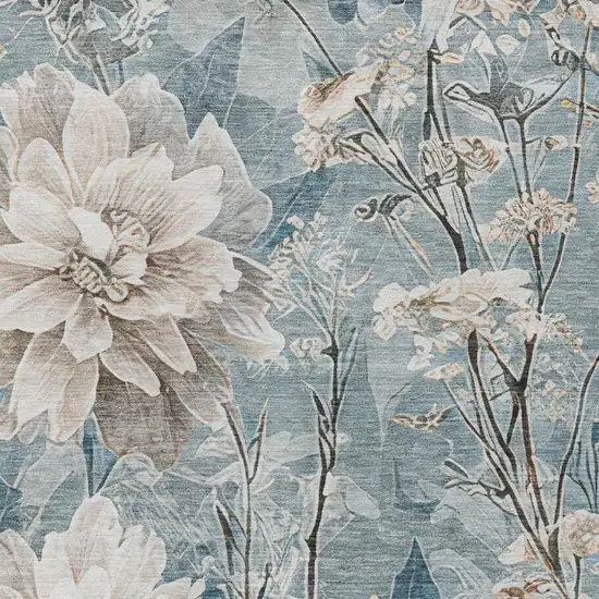 Teal Blue And Silver Floral Washable Indoor Outdoor Area Rug Photo 9
