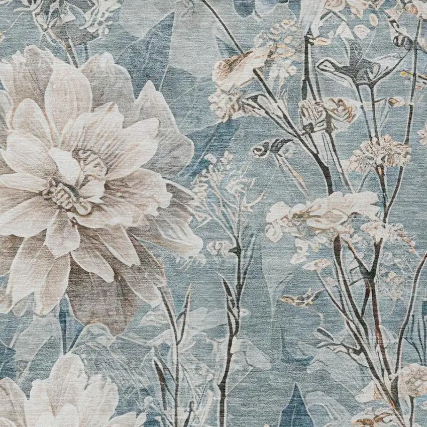 Teal Blue And Silver Floral Washable Indoor Outdoor Area Rug Photo 9