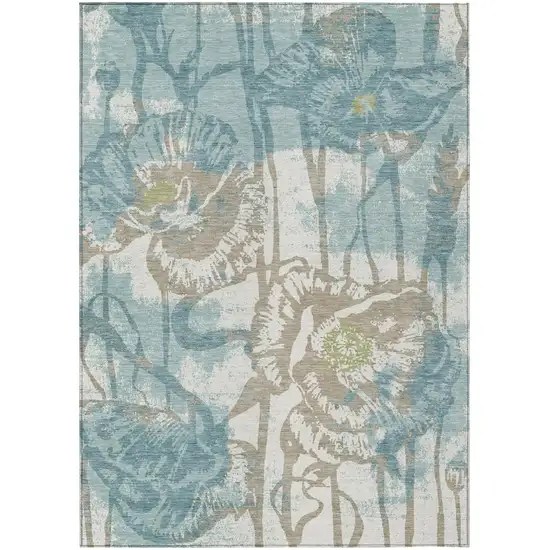 Teal Blue And Silver Floral Washable Indoor Outdoor Area Rug Photo 1