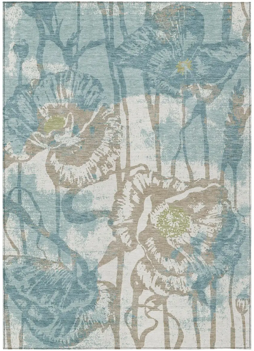 Teal Blue And Silver Floral Washable Indoor Outdoor Area Rug Photo 1