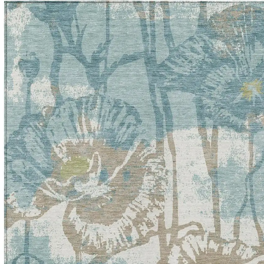 Teal Blue And Silver Floral Washable Indoor Outdoor Area Rug Photo 2