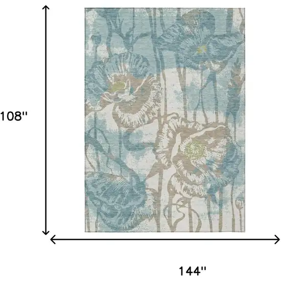 Teal Blue And Silver Floral Washable Indoor Outdoor Area Rug Photo 6