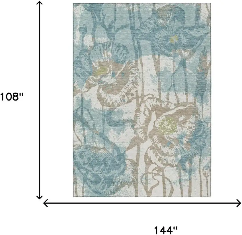 Teal Blue And Silver Floral Washable Indoor Outdoor Area Rug Photo 6