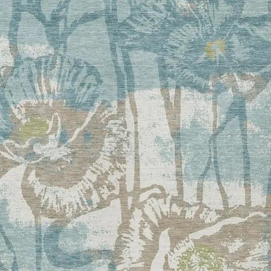Teal Blue And Silver Floral Washable Indoor Outdoor Area Rug Photo 2