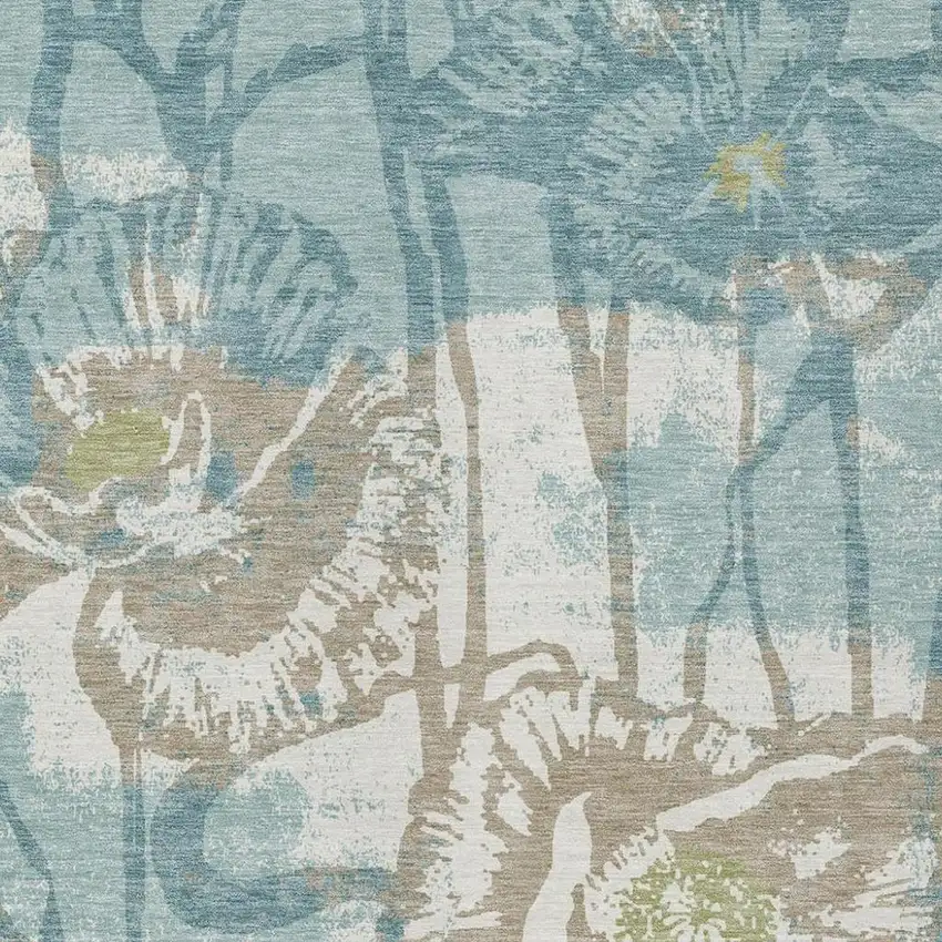 Teal Blue And Silver Floral Washable Indoor Outdoor Area Rug Photo 2