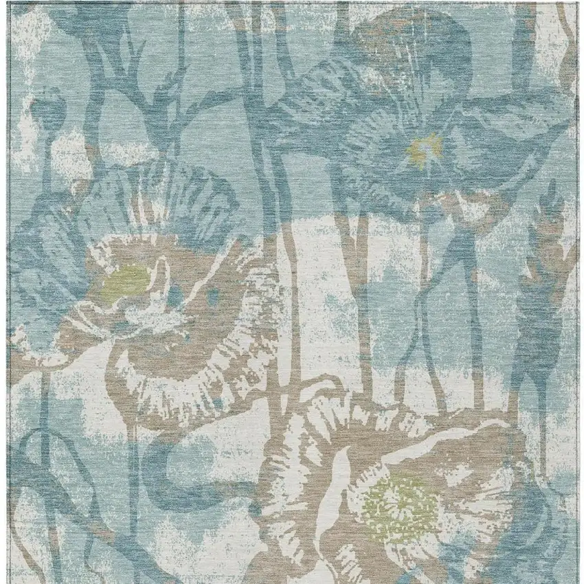 Teal Blue And Silver Floral Washable Indoor Outdoor Area Rug Photo 3