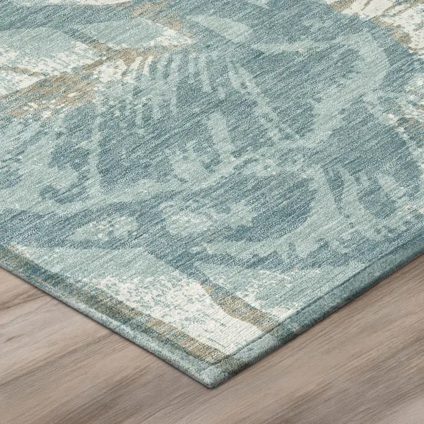 Teal Blue And Silver Floral Washable Indoor Outdoor Area Rug Photo 4