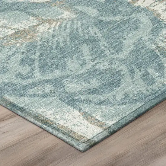 Teal Blue And Silver Floral Washable Indoor Outdoor Area Rug Photo 4