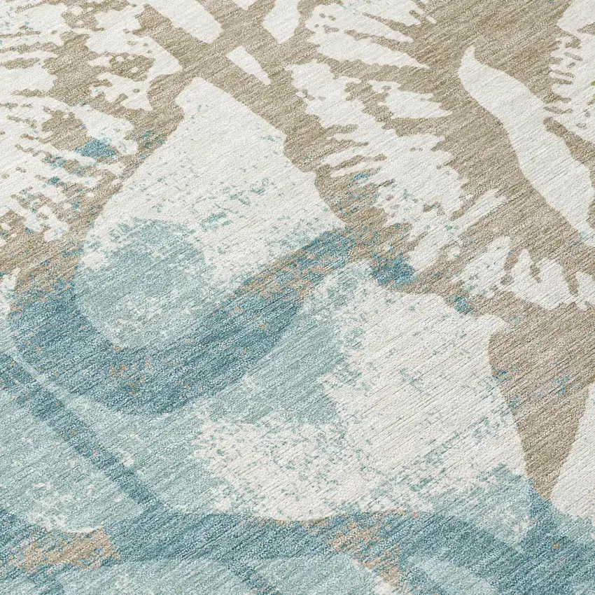 Teal Blue And Silver Floral Washable Indoor Outdoor Area Rug Photo 5