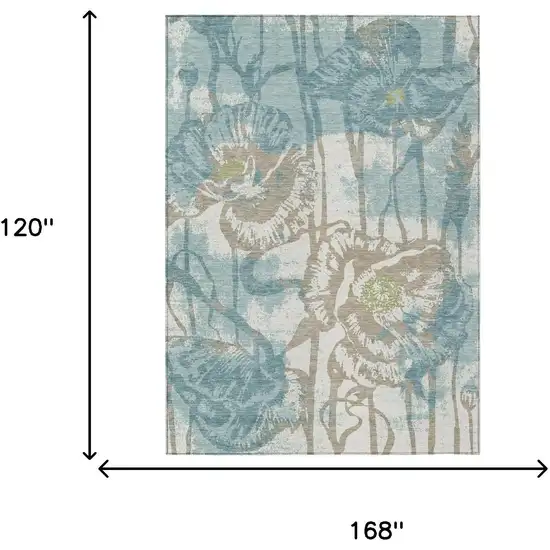 Teal Blue And Silver Floral Washable Indoor Outdoor Area Rug Photo 6