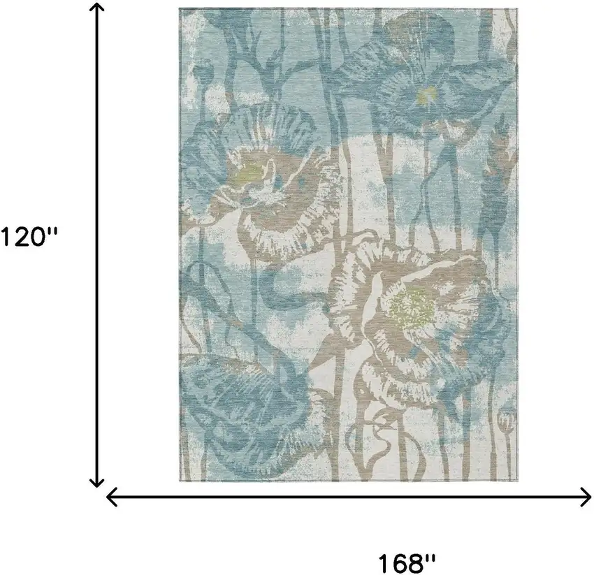 Teal Blue And Silver Floral Washable Indoor Outdoor Area Rug Photo 6
