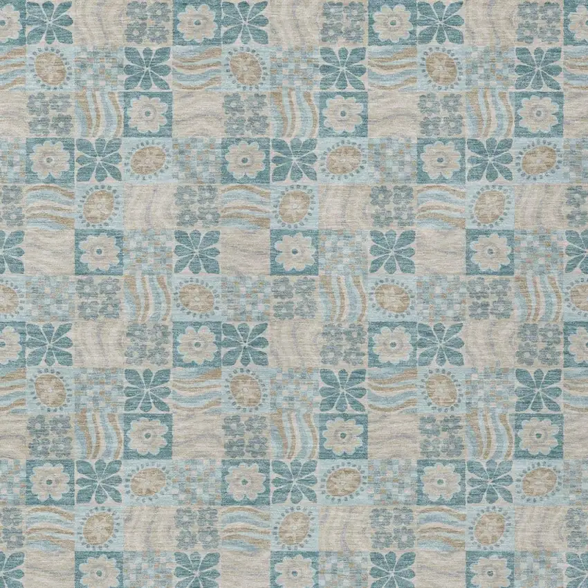 Teal Blue And Silver Floral Washable Indoor Outdoor Area Rug Photo 2