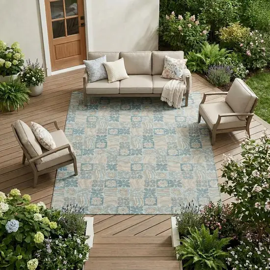 Teal Blue And Silver Floral Washable Indoor Outdoor Area Rug Photo 1