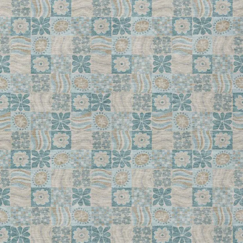 Teal Blue And Silver Floral Washable Indoor Outdoor Area Rug Photo 3