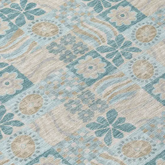 Teal Blue And Silver Floral Washable Indoor Outdoor Area Rug Photo 5