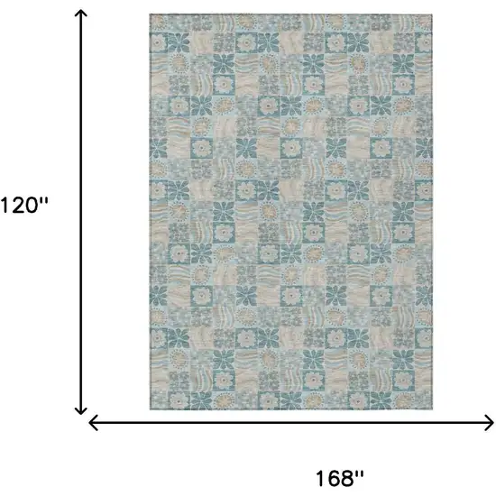 Teal Blue And Silver Floral Washable Indoor Outdoor Area Rug Photo 6