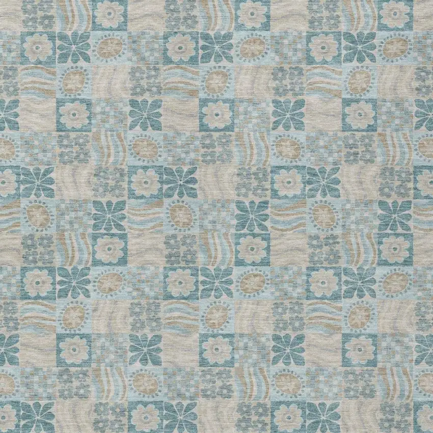 Teal Blue And Silver Floral Washable Indoor Outdoor Area Rug Photo 1