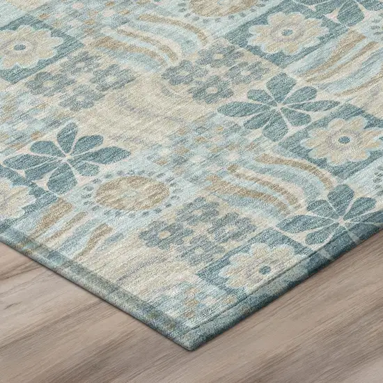 Teal Blue And Silver Floral Washable Indoor Outdoor Area Rug Photo 4