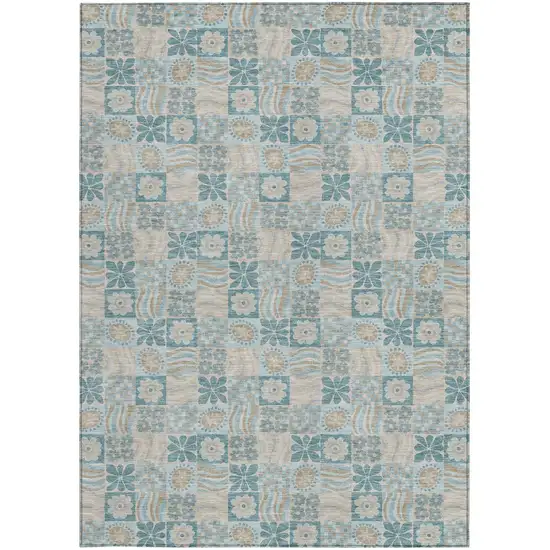 Teal Blue And Silver Floral Washable Indoor Outdoor Area Rug Photo 3