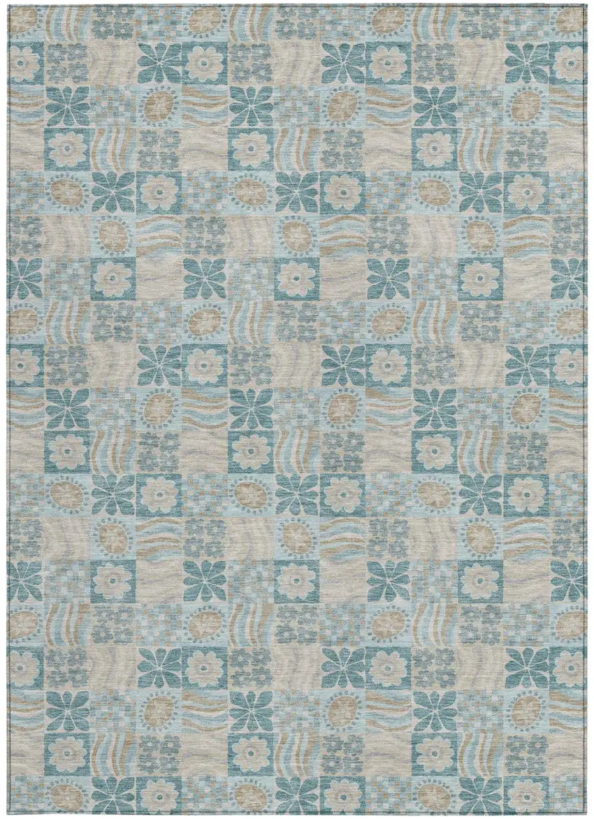 Teal Blue And Silver Floral Washable Indoor Outdoor Area Rug Photo 3
