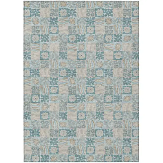 Teal Blue And Silver Floral Washable Indoor Outdoor Area Rug Photo 2