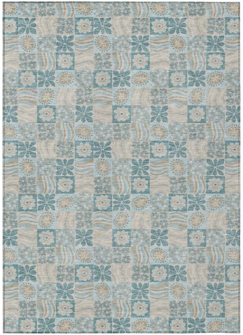 Teal Blue And Silver Floral Washable Indoor Outdoor Area Rug Photo 2