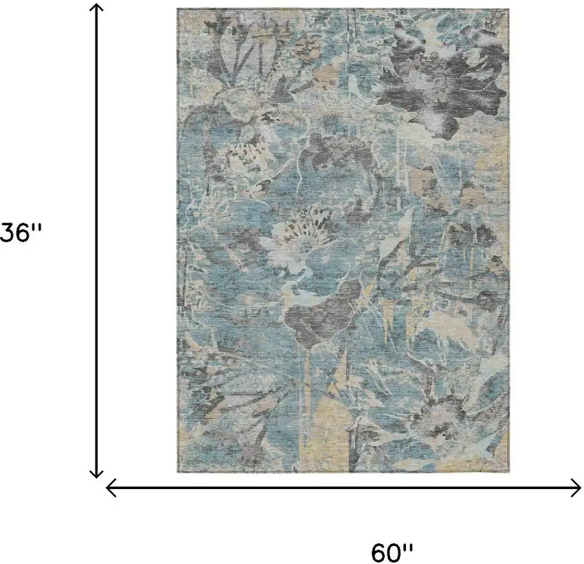 Teal Blue And Silver Floral Washable Indoor Outdoor Area Rug Photo 7