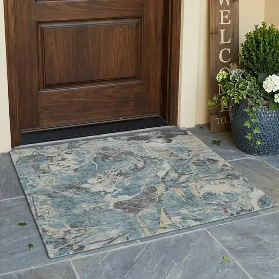 Teal Blue And Silver Floral Washable Indoor Outdoor Area Rug Photo 1