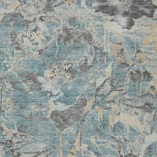 Teal Blue And Silver Floral Washable Indoor Outdoor Area Rug Photo 2