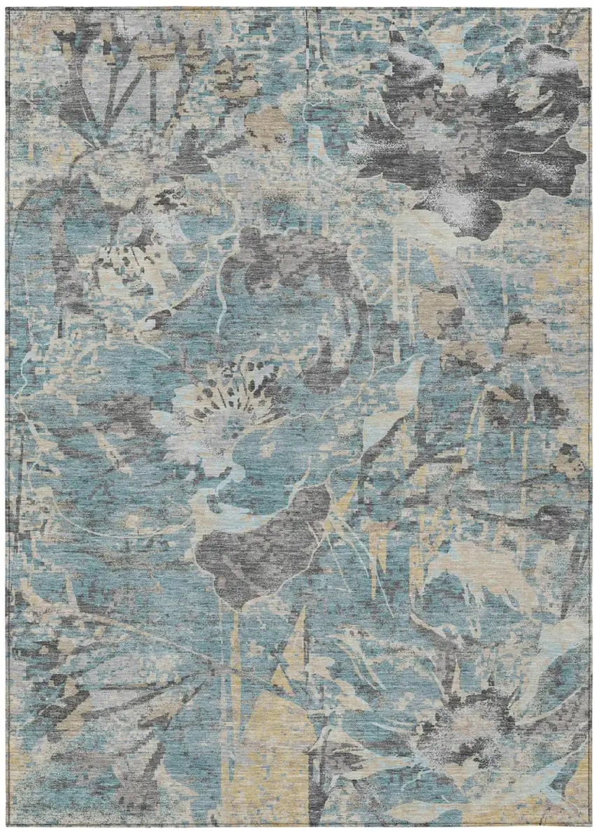 Teal Blue And Silver Floral Washable Indoor Outdoor Area Rug Photo 2