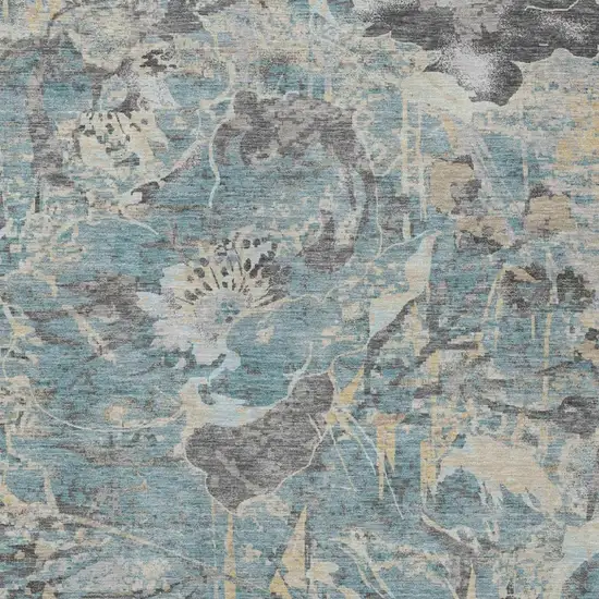 Teal Blue And Silver Floral Washable Indoor Outdoor Area Rug Photo 1