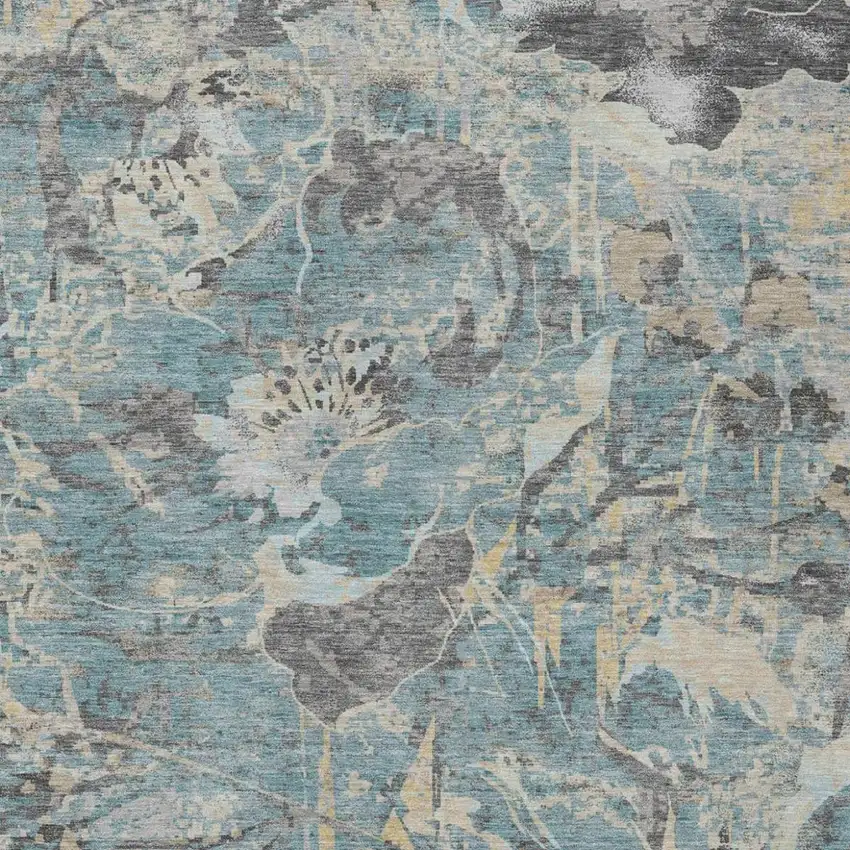 Teal Blue And Silver Floral Washable Indoor Outdoor Area Rug Photo 1