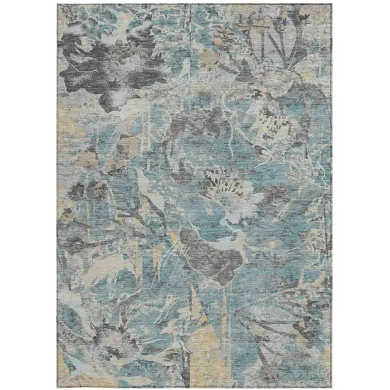Teal Blue And Silver Floral Washable Indoor Outdoor Area Rug Photo 3
