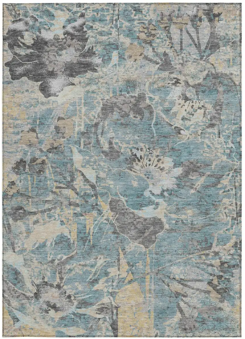 Teal Blue And Silver Floral Washable Indoor Outdoor Area Rug Photo 3