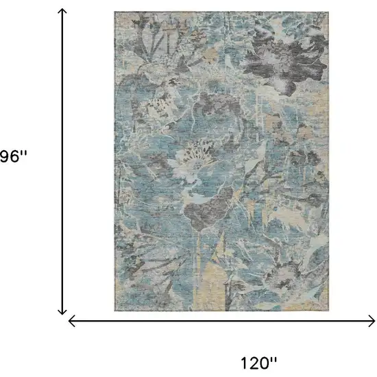 Teal Blue And Silver Floral Washable Indoor Outdoor Area Rug Photo 6