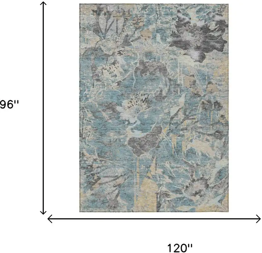 Teal Blue And Silver Floral Washable Indoor Outdoor Area Rug Photo 6