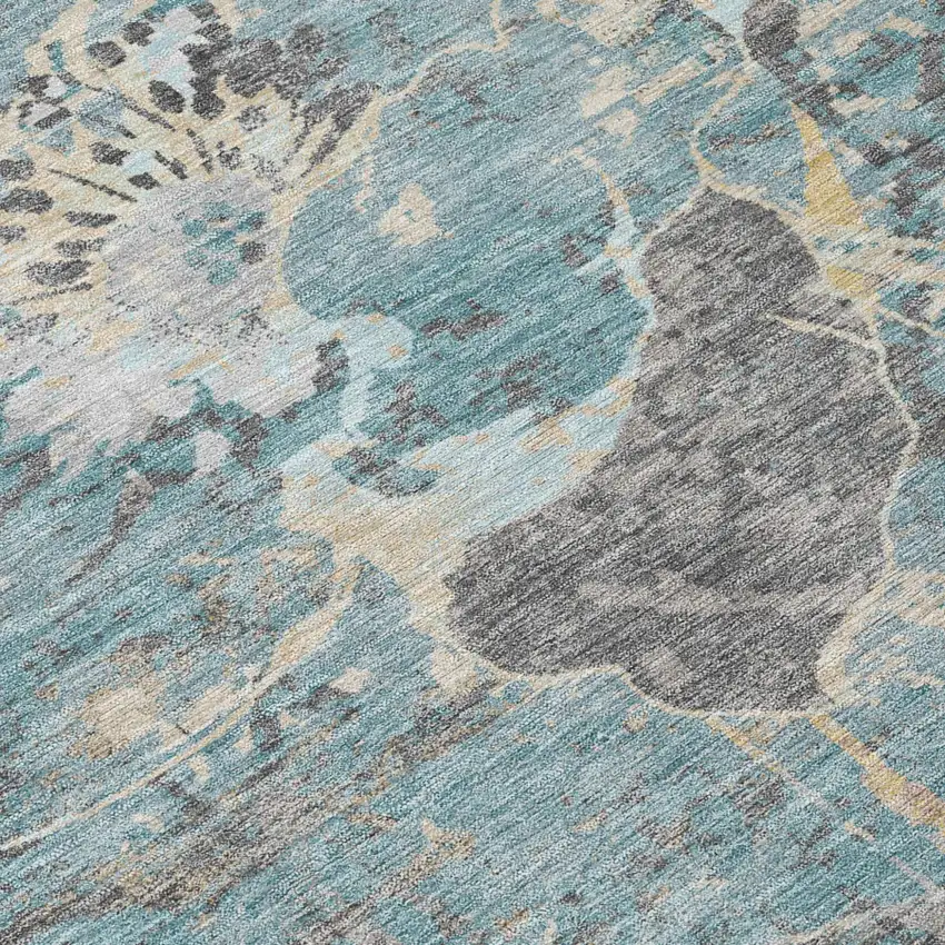 Teal Blue And Silver Floral Washable Indoor Outdoor Area Rug Photo 5