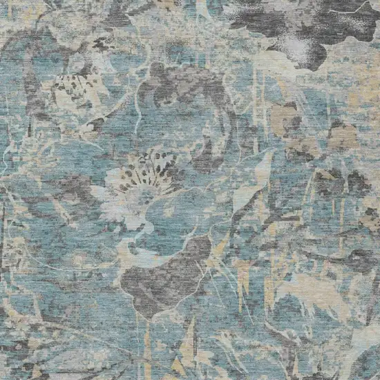 Teal Blue And Silver Floral Washable Indoor Outdoor Area Rug Photo 3