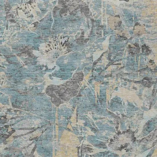 Teal Blue And Silver Floral Washable Indoor Outdoor Area Rug Photo 2
