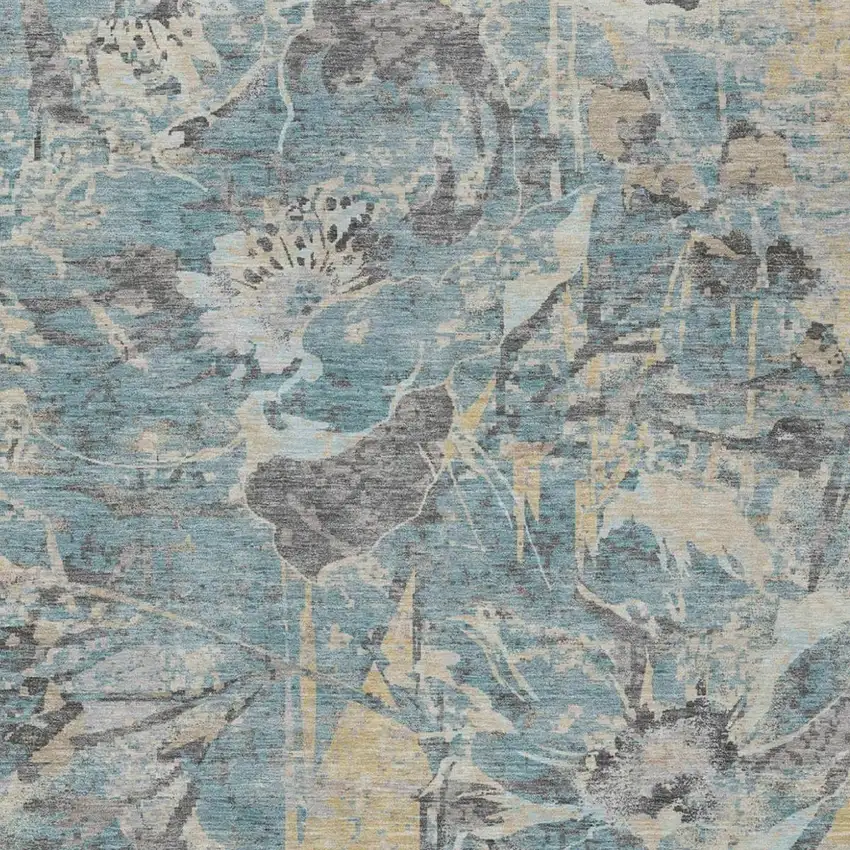 Teal Blue And Silver Floral Washable Indoor Outdoor Area Rug Photo 2