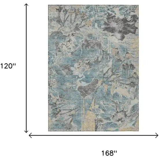 Teal Blue And Silver Floral Washable Indoor Outdoor Area Rug Photo 6