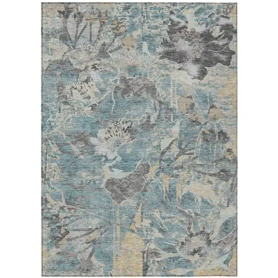 Teal Blue And Silver Floral Washable Indoor Outdoor Area Rug Photo 1