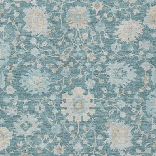 Teal Blue And Silver Floral Washable Indoor Outdoor Area Rug Photo 3