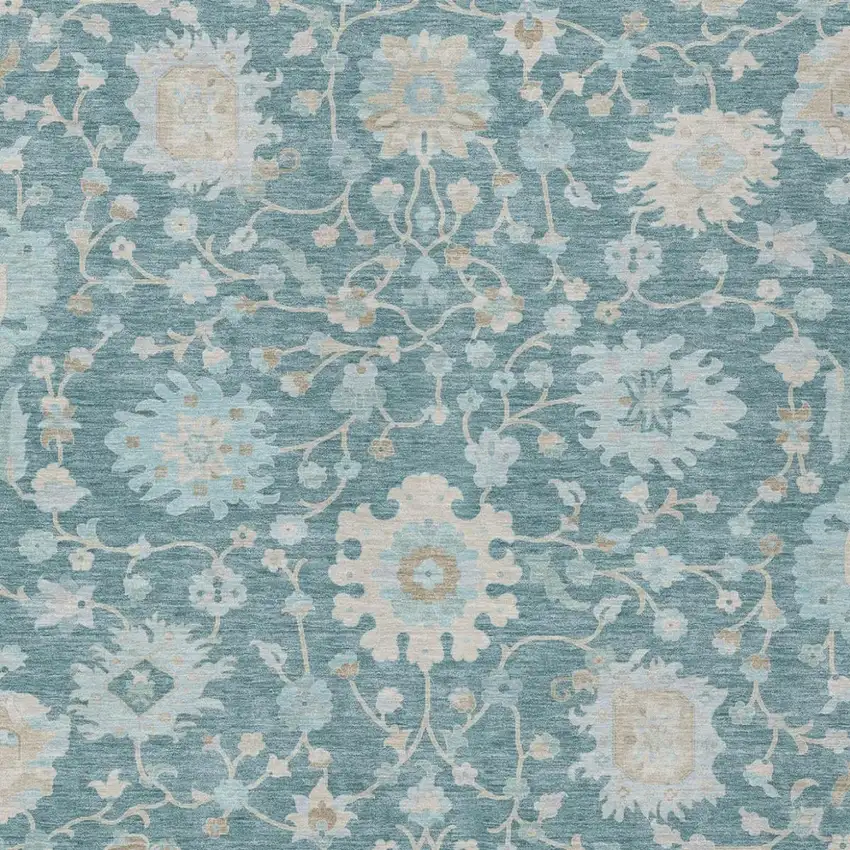 Teal Blue And Silver Floral Washable Indoor Outdoor Area Rug Photo 3