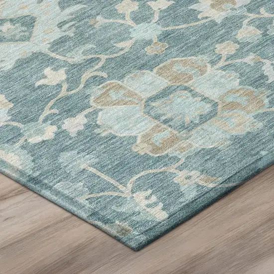 Teal Blue And Silver Floral Washable Indoor Outdoor Area Rug Photo 4