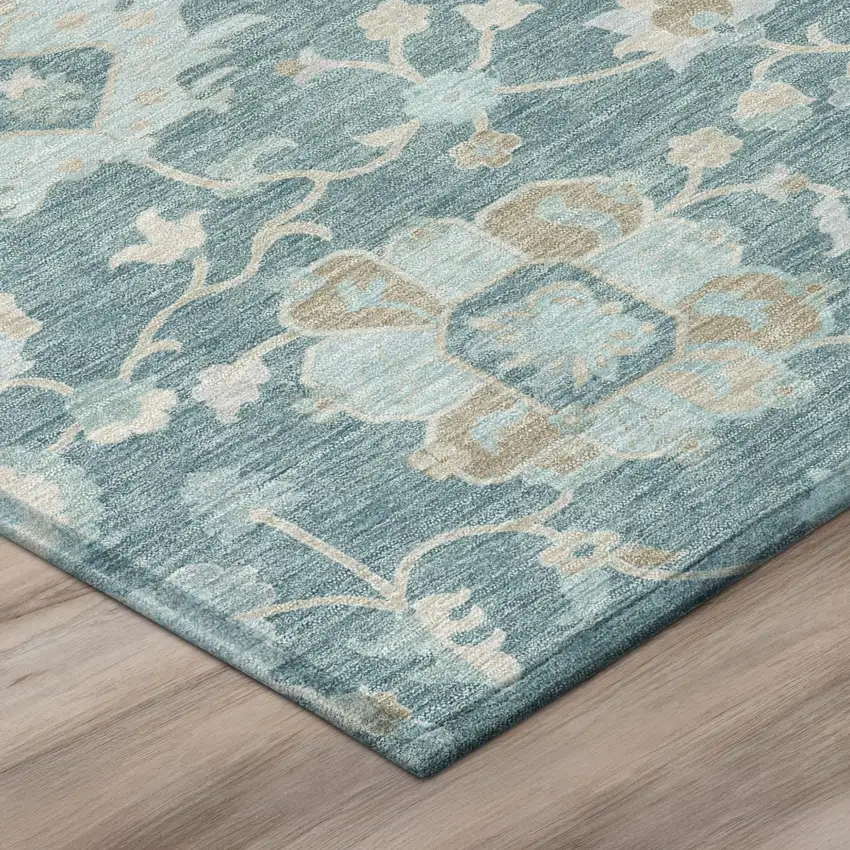 Teal Blue And Silver Floral Washable Indoor Outdoor Area Rug Photo 4